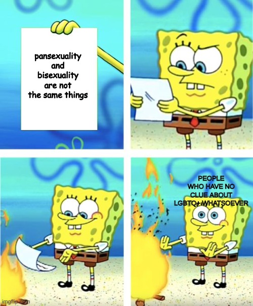 Spongebob Burning Paper | pansexuality and bisexuality are not the same things; PEOPLE WHO HAVE NO CLUE ABOUT LGBTQ+ WHATSOEVER | image tagged in spongebob burning paper | made w/ Imgflip meme maker