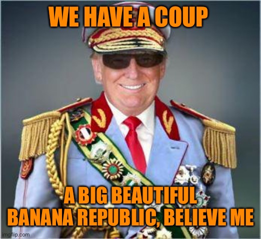 WE HAVE A COUP A BIG BEAUTIFUL BANANA REPUBLIC, BELIEVE ME | made w/ Imgflip meme maker