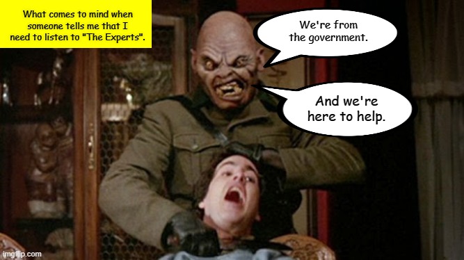 An Unpleasant Truth | What comes to mind when someone tells me that I need to listen to "The Experts". We're from the government. And we're here to help. | image tagged in memes,ronald reagan,an american werewolf in london,quarantine | made w/ Imgflip meme maker