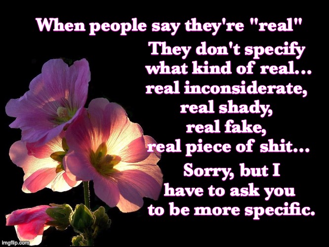 Real What? | When people say they're "real"; They don't specify 
what kind of real...
real inconsiderate, 
real shady, 
real fake, 
real piece of shit... Sorry, but I have to ask you 
to be more specific. | image tagged in pink flowers black background | made w/ Imgflip meme maker