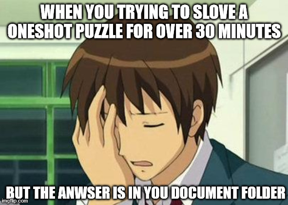 oneshot | WHEN YOU TRYING TO SLOVE A ONESHOT PUZZLE FOR OVER 30 MINUTES; BUT THE ANWSER IS IN YOU DOCUMENT FOLDER | image tagged in memes,kyon face palm | made w/ Imgflip meme maker