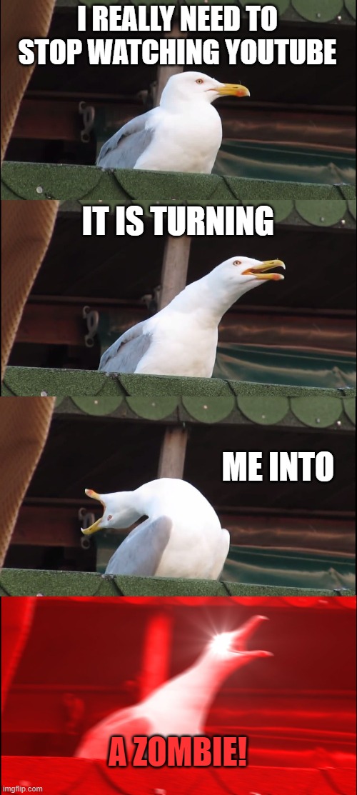 zombie bird | I REALLY NEED TO STOP WATCHING YOUTUBE; IT IS TURNING; ME INTO; A ZOMBIE! | image tagged in memes,inhaling seagull | made w/ Imgflip meme maker