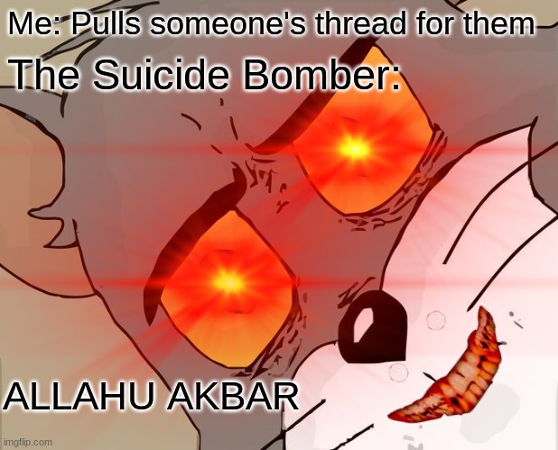 yeet? | Me: Pulls someone's thread for them; The Suicide Bomber:; ALLAHU AKBAR | image tagged in unsettled tom,memes | made w/ Imgflip meme maker