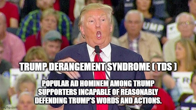 The clinical definition of TDS | TRUMP DERANGEMENT SYNDROME ( TDS ); POPULAR AD HOMINEM AMONG TRUMP SUPPORTERS INCAPABLE OF REASONABLY DEFENDING TRUMP'S WORDS AND ACTIONS. | image tagged in donald trump mocking disabled reporter,ad hominem,trump derangement syndrome,trump supporters | made w/ Imgflip meme maker