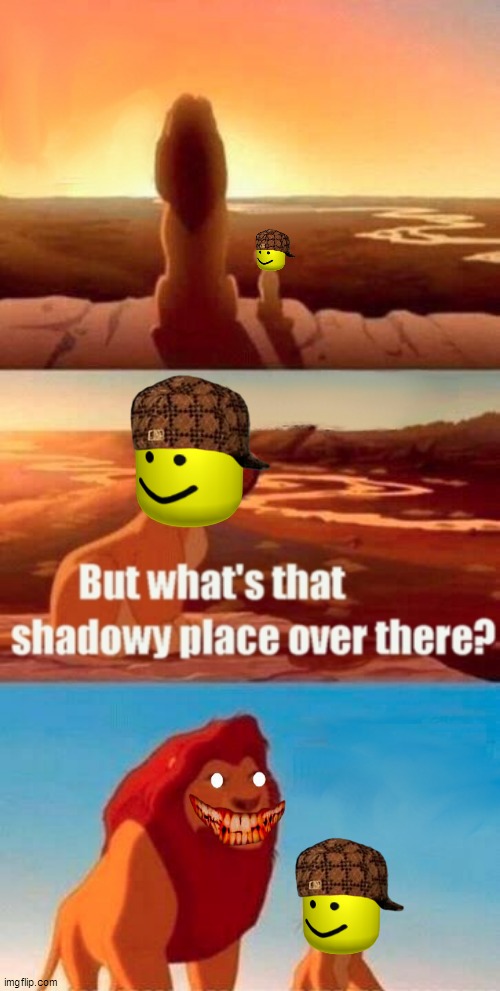 roblox oof sees scary face | image tagged in memes,simba shadowy place,creepy face,roblox oof | made w/ Imgflip meme maker