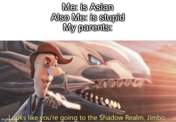 me irl | Me: is Asian
Also Me: is stupid
My parents: | image tagged in looks like you going to the shadow realm jimbo | made w/ Imgflip meme maker