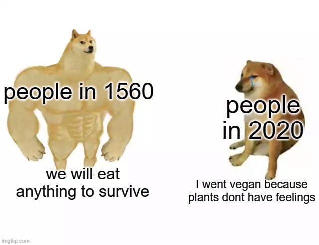 people back then vs people today | people in 1560; people in 2020; we will eat anything to survive; I went vegan because plants dont have feelings | image tagged in buff doge vs cheems | made w/ Imgflip meme maker