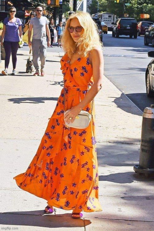 Out & about in an orange dress | image tagged in kylie orange,orange,dress,purse,sunglasses,style | made w/ Imgflip meme maker