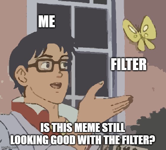 Is This A Pigeon Meme | ME; FILTER; IS THIS MEME STILL LOOKING GOOD WITH THE FILTER? | image tagged in memes,is this a pigeon | made w/ Imgflip meme maker