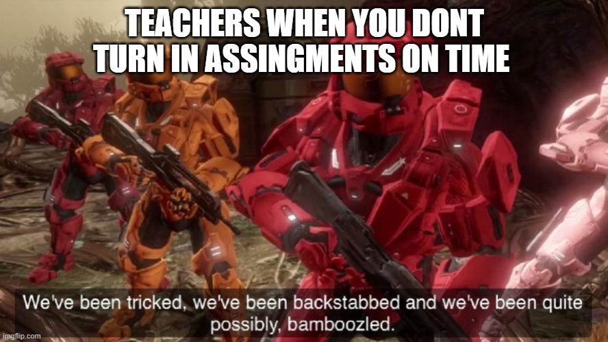 We have ben bamboozled halo | TEACHERS WHEN YOU DONT TURN IN ASSINGMENTS ON TIME | image tagged in we have ben bamboozled halo | made w/ Imgflip meme maker