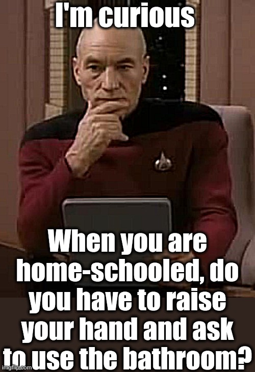 picard thinking | I'm curious; When you are home-schooled, do you have to raise your hand and ask to use the bathroom? | image tagged in picard thinking | made w/ Imgflip meme maker