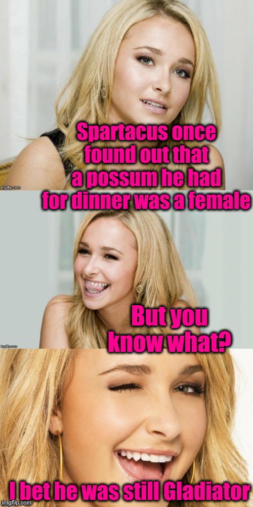 Bad Pun Hayden Panettiere | Spartacus once found out that a possum he had for dinner was a female; But you know what? I bet he was still Gladiator | image tagged in bad pun hayden panettiere | made w/ Imgflip meme maker