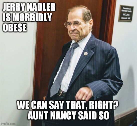Obese Jerry Nadler | JERRY NADLER 
IS MORBIDLY
OBESE; WE CAN SAY THAT, RIGHT? 
AUNT NANCY SAID SO | image tagged in jerry nadler,obese,trump,nancy pelosi,pelosi | made w/ Imgflip meme maker