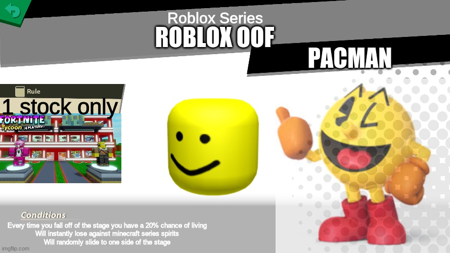 Smash bros spirit fight | Roblox Series; ROBLOX OOF; PACMAN; 1 stock only; Every time you fall off of the stage you have a 20% chance of living
Will instantly lose against minecraft series spirits
Will randomly slide to one side of the stage | image tagged in smash bros spirit fight | made w/ Imgflip meme maker