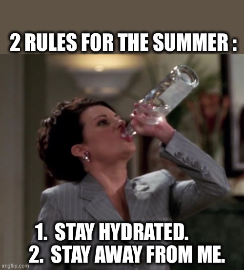 Karendrinking | 2 RULES FOR THE SUMMER :; 1.  STAY HYDRATED.         
2.  STAY AWAY FROM ME. | image tagged in karen,drinking,vodka,water,summer,social distancing | made w/ Imgflip meme maker