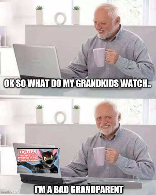 harold wants to be a good grandparent | OK SO WHAT DO MY GRANDKIDS WATCH.. I'M A BAD GRANDPARENT | image tagged in memes,hide the pain harold | made w/ Imgflip meme maker