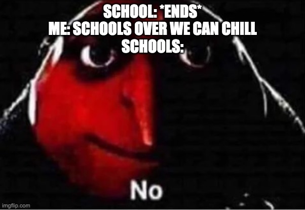 Summer in a nutshell | SCHOOL: *ENDS*
ME: SCHOOLS OVER WE CAN CHILL
SCHOOLS: | image tagged in gru no | made w/ Imgflip meme maker