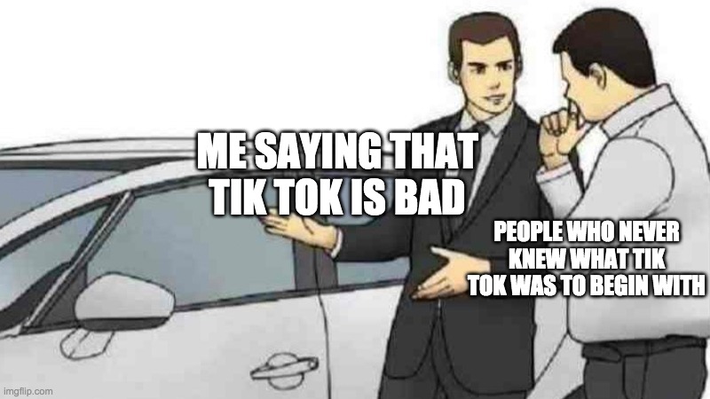 Car Salesman Slaps Roof Of Car | ME SAYING THAT TIK TOK IS BAD; PEOPLE WHO NEVER KNEW WHAT TIK TOK WAS TO BEGIN WITH | image tagged in memes,car salesman slaps roof of car | made w/ Imgflip meme maker