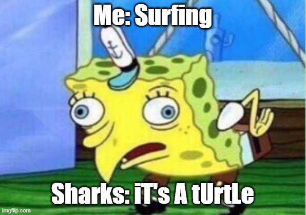 yeettttttttttttttttttttttttttttttttttttt | Me: Surfing; Sharks: iT's A tUrtLe | image tagged in memes,mocking spongebob | made w/ Imgflip meme maker