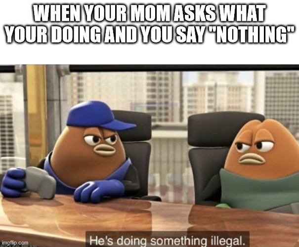 He's doing something illegal | WHEN YOUR MOM ASKS WHAT YOUR DOING AND YOU SAY "NOTHING" | image tagged in he's doing something illegal | made w/ Imgflip meme maker