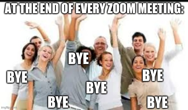 The end of every Zoom meeting | AT THE END OF EVERY ZOOM MEETING:; BYE; BYE; BYE; BYE; BYE; BYE | image tagged in bye,zoom | made w/ Imgflip meme maker