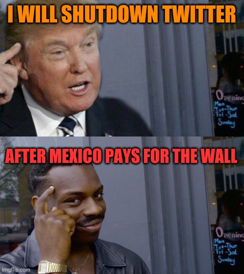 I WILL SHUTDOWN TWITTER; AFTER MEXICO PAYS FOR THE WALL | image tagged in memes,roll safe think about it,trump roll safe | made w/ Imgflip meme maker