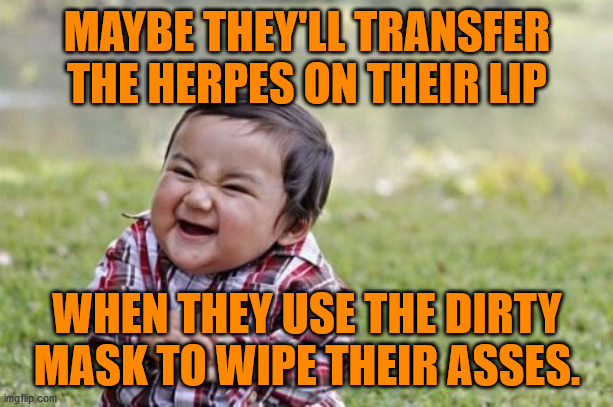 Evil Toddler Meme | MAYBE THEY'LL TRANSFER THE HERPES ON THEIR LIP WHEN THEY USE THE DIRTY MASK TO WIPE THEIR ASSES. | image tagged in memes,evil toddler | made w/ Imgflip meme maker