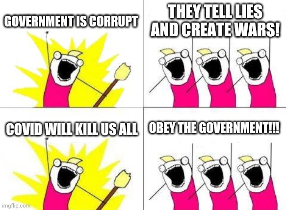 Obey covid | GOVERNMENT IS CORRUPT; THEY TELL LIES AND CREATE WARS! COVID WILL KILL US ALL; OBEY THE GOVERNMENT!!! | image tagged in memes,what do we want | made w/ Imgflip meme maker