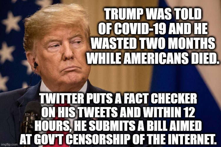 Soooo Presidential!!! | TRUMP WAS TOLD OF COVID-19 AND HE WASTED TWO MONTHS WHILE AMERICANS DIED. TWITTER PUTS A FACT CHECKER ON HIS TWEETS AND WITHIN 12 HOURS, HE SUBMITS A BILL AIMED AT GOV'T CENSORSHIP OF THE INTERNET. | image tagged in donald trump,covid-19,twitter,free speech,censorship,first amendment | made w/ Imgflip meme maker