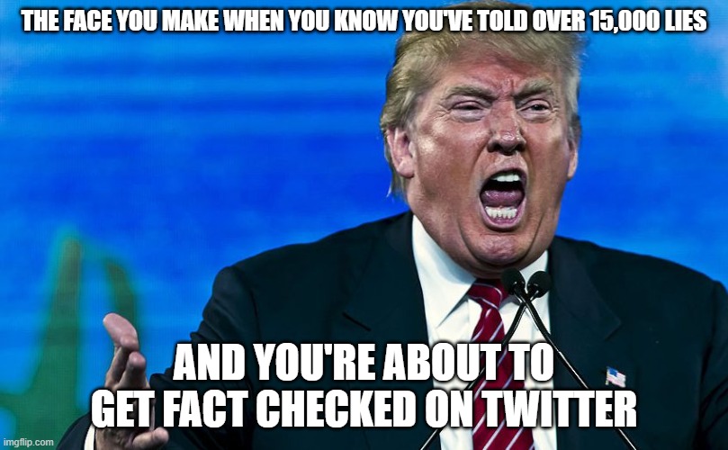 angry trump | THE FACE YOU MAKE WHEN YOU KNOW YOU'VE TOLD OVER 15,000 LIES; AND YOU'RE ABOUT TO GET FACT CHECKED ON TWITTER | image tagged in angry trump | made w/ Imgflip meme maker