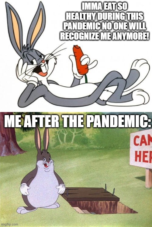 am phat |  IMMA EAT SO HEALTHY DURING THIS PANDEMIC NO ONE WILL RECOGNIZE ME ANYMORE! ME AFTER THE PANDEMIC: | image tagged in the adventure of bugs bunny,big chungus | made w/ Imgflip meme maker