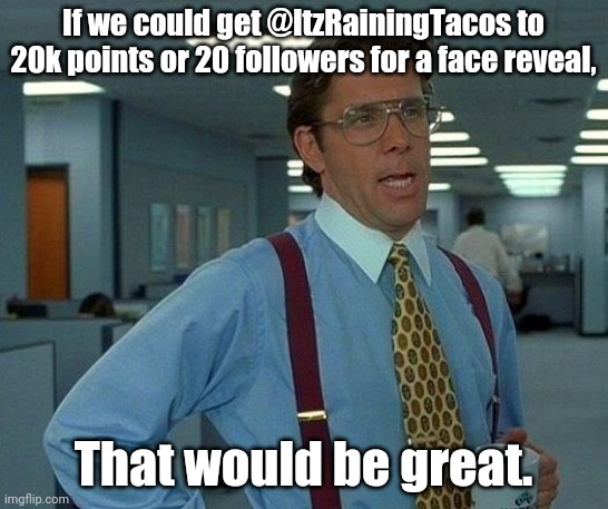 That Would Be Great | If we could get @ItzRainingTacos to 20k points or 20 followers for a face reveal, That would be great. | image tagged in memes,that would be great | made w/ Imgflip meme maker