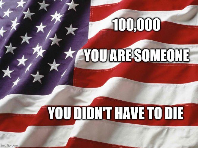 American Flag | 100,000
                                              YOU ARE SOMEONE; YOU DIDN'T HAVE TO DIE | image tagged in american flag | made w/ Imgflip meme maker