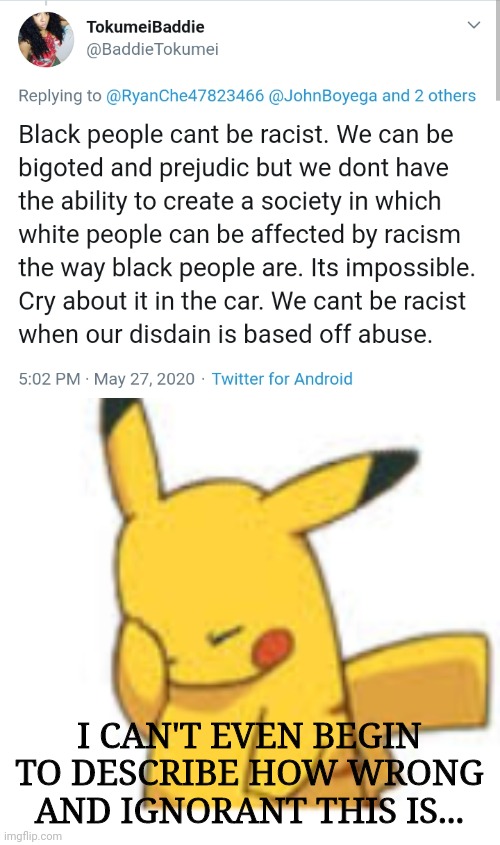 Twitter is... interesting... | I CAN'T EVEN BEGIN TO DESCRIBE HOW WRONG AND IGNORANT THIS IS... | image tagged in pikachu facepalm,dumbass,dumb people,twitter,ignorance,oh boy | made w/ Imgflip meme maker