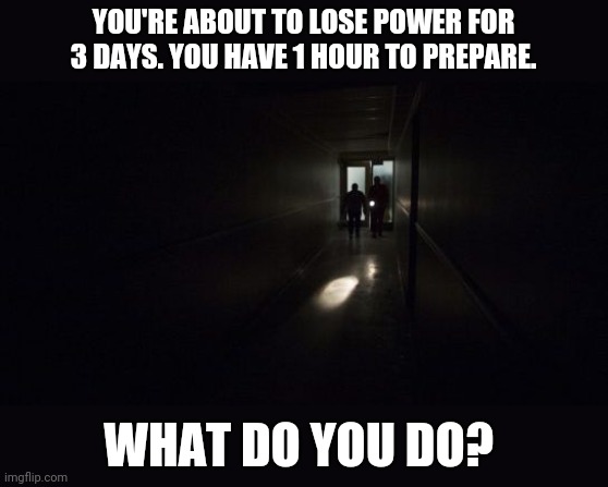 Imagine you're a parent of 4 kids, like me. Been  without power for a few hours.  So it got me thinking. | YOU'RE ABOUT TO LOSE POWER FOR 3 DAYS. YOU HAVE 1 HOUR TO PREPARE. WHAT DO YOU DO? | image tagged in power blackout | made w/ Imgflip meme maker