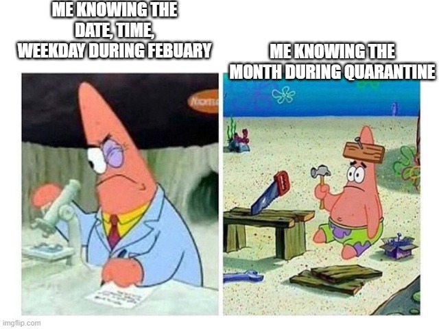Patrick Scientist vs. Nail | ME KNOWING THE DATE, TIME, WEEKDAY DURING FEBUARY; ME KNOWING THE MONTH DURING QUARANTINE | image tagged in patrick scientist vs nail | made w/ Imgflip meme maker