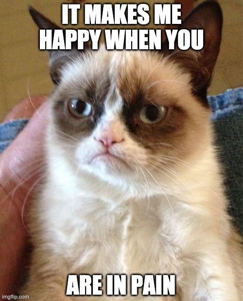 Grumpy Cat | IT MAKES ME HAPPY WHEN YOU; ARE IN PAIN | image tagged in memes,grumpy cat | made w/ Imgflip meme maker