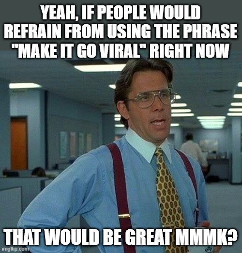 Refrain the Phrase | YEAH, IF PEOPLE WOULD REFRAIN FROM USING THE PHRASE "MAKE IT GO VIRAL" RIGHT NOW; THAT WOULD BE GREAT MMMK? | image tagged in memes,that would be great | made w/ Imgflip meme maker