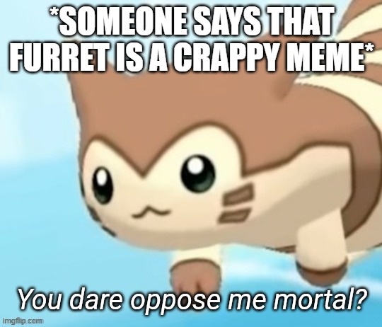 furret is watching u | *SOMEONE SAYS THAT FURRET IS A CRAPPY MEME* | image tagged in furret you dare oppose me mortal | made w/ Imgflip meme maker