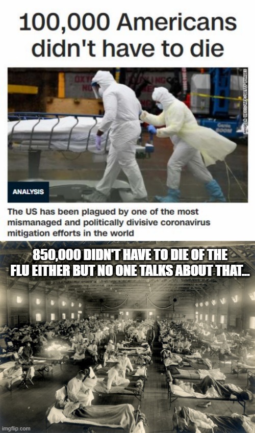 Once Again....the Media......... | 850,000 DIDN'T HAVE TO DIE OF THE FLU EITHER BUT NO ONE TALKS ABOUT THAT... | image tagged in spanish flu | made w/ Imgflip meme maker