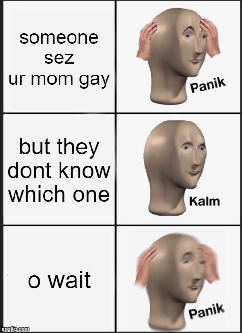 o wait | someone sez ur mom gay; but they dont know which one; o wait | image tagged in memes,panik kalm panik | made w/ Imgflip meme maker