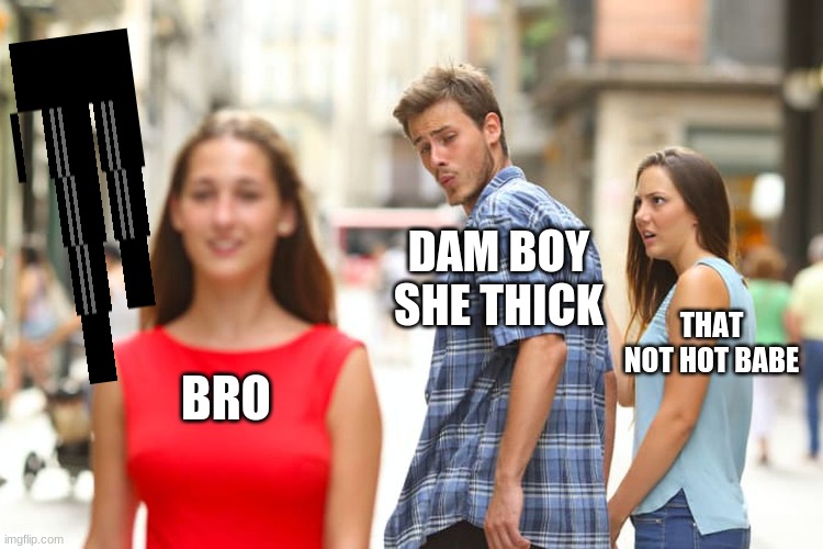 Distracted Boyfriend | DAM BOY SHE THICK; THAT NOT HOT BABE; BRO | image tagged in memes,distracted boyfriend | made w/ Imgflip meme maker
