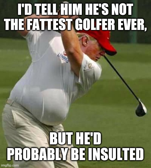 Fore! ...and aft! | I'D TELL HIM HE'S NOT THE FATTEST GOLFER EVER, BUT HE'D PROBABLY BE INSULTED | image tagged in trump golf gut | made w/ Imgflip meme maker