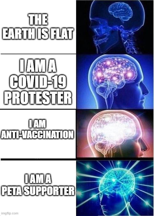 Expanding Brain | THE EARTH IS FLAT; I AM A COVID-19 PROTESTER; I AM ANTI-VACCINATION; I AM A PETA SUPPORTER | image tagged in memes,expanding brain,peta,anti-vaxx,covid-19 | made w/ Imgflip meme maker