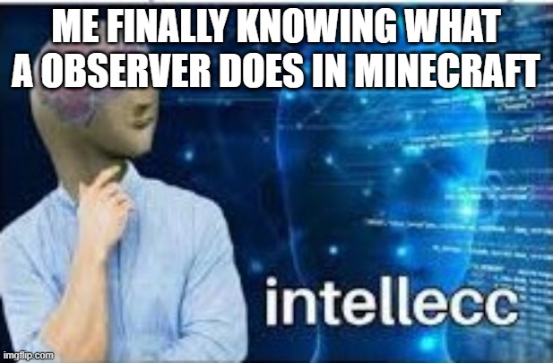 intellecc | ME FINALLY KNOWING WHAT A OBSERVER DOES IN MINECRAFT | image tagged in intellecc | made w/ Imgflip meme maker