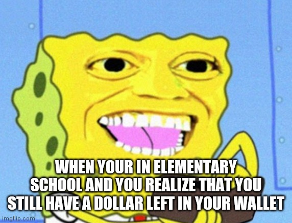 Elementary | WHEN YOUR IN ELEMENTARY SCHOOL AND YOU REALIZE THAT YOU STILL HAVE A DOLLAR LEFT IN YOUR WALLET | image tagged in fun | made w/ Imgflip meme maker