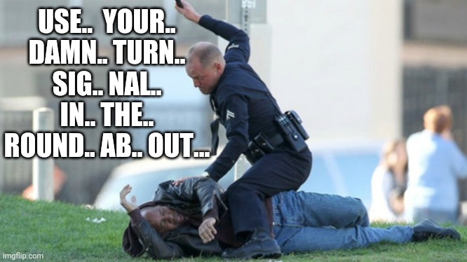 Cop Beating | USE..  YOUR.. DAMN.. TURN.. SIG.. NAL.. IN.. THE.. ROUND.. AB.. OUT... | image tagged in cop beating | made w/ Imgflip meme maker