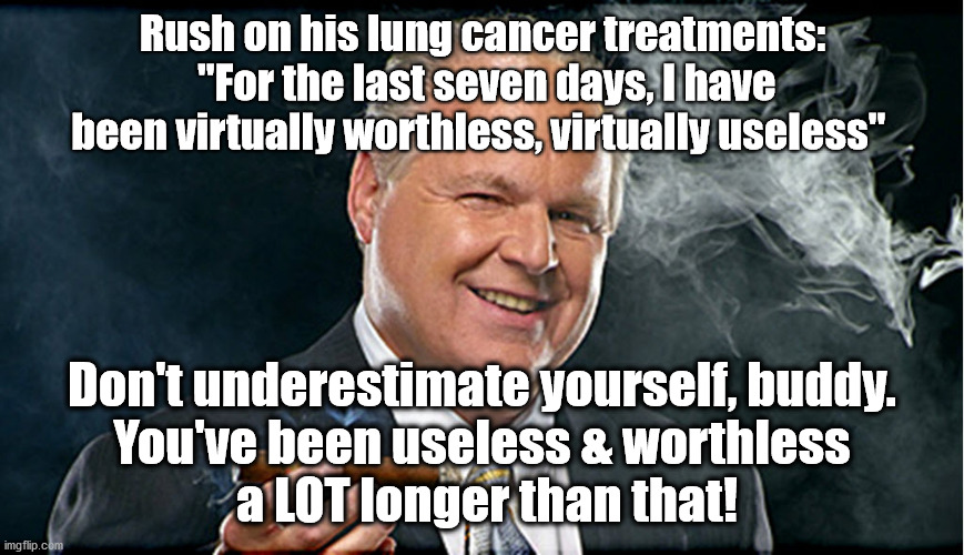 Limburger is useless. | Rush on his lung cancer treatments:
 "For the last seven days, I have been virtually worthless, virtually useless"; Don't underestimate yourself, buddy.
You've been useless & worthless
 a LOT longer than that! | image tagged in politics,political meme,political | made w/ Imgflip meme maker