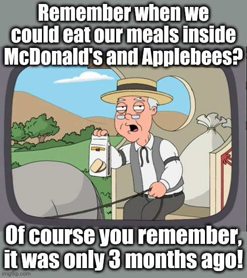 Seems a lot longer, doesn't it? | Remember when we could eat our meals inside McDonald's and Applebees? Of course you remember, it was only 3 months ago! | image tagged in family guy pepper ridge | made w/ Imgflip meme maker
