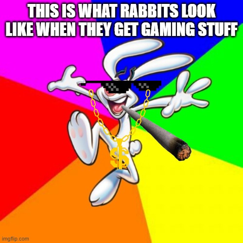 meme | THIS IS WHAT RABBITS LOOK LIKE WHEN THEY GET GAMING STUFF | image tagged in trix rabbit | made w/ Imgflip meme maker